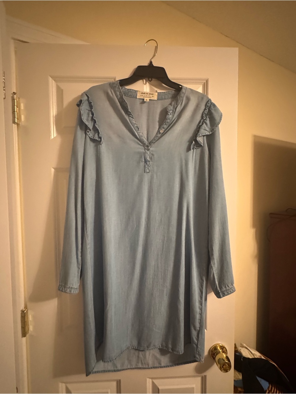 Anthropologie Light Blue Long Sleeve Ruffle Shoulder Tunic Dress